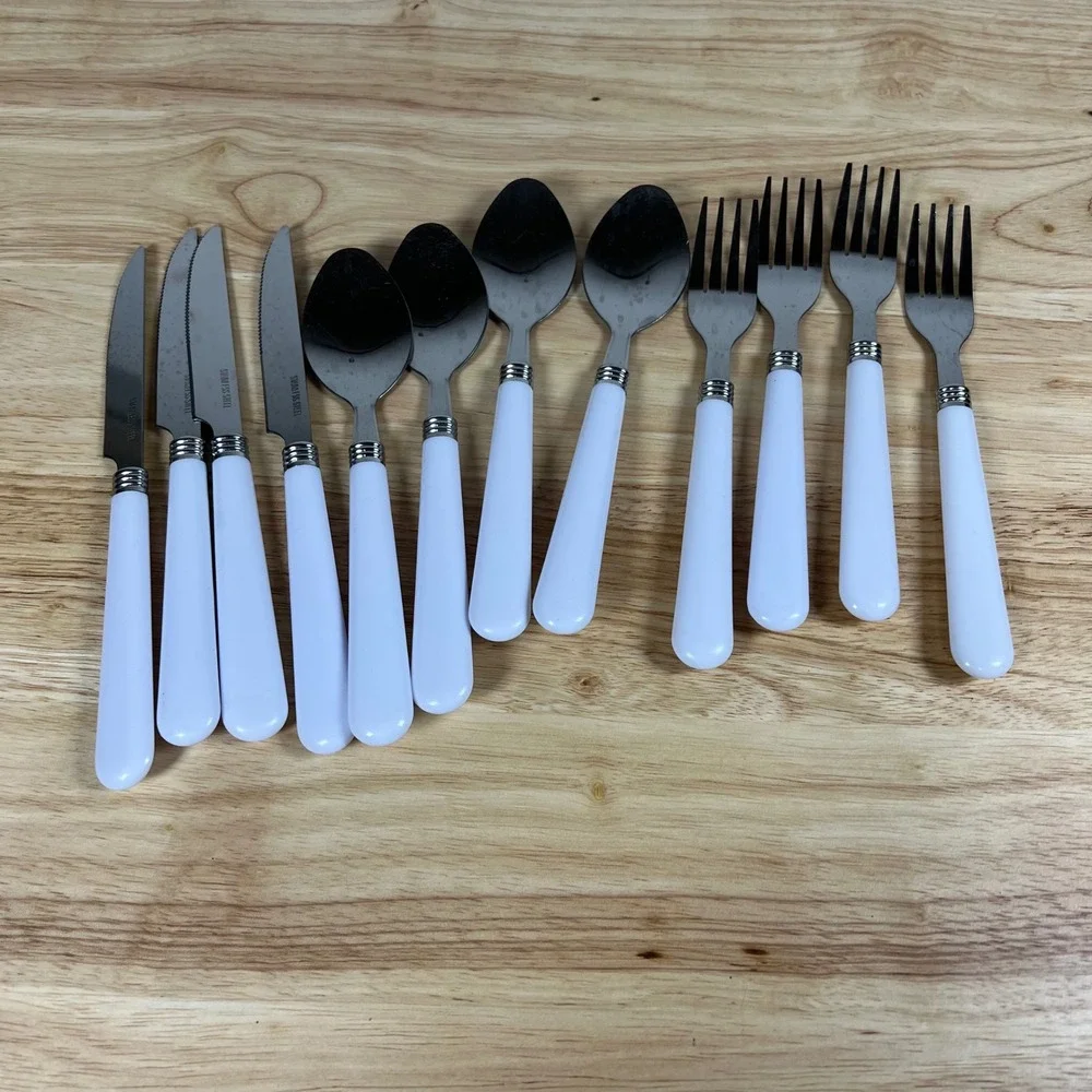 12pc Stainless Steel Flatware Set White Plastic Handles Service for 4 MCM Style